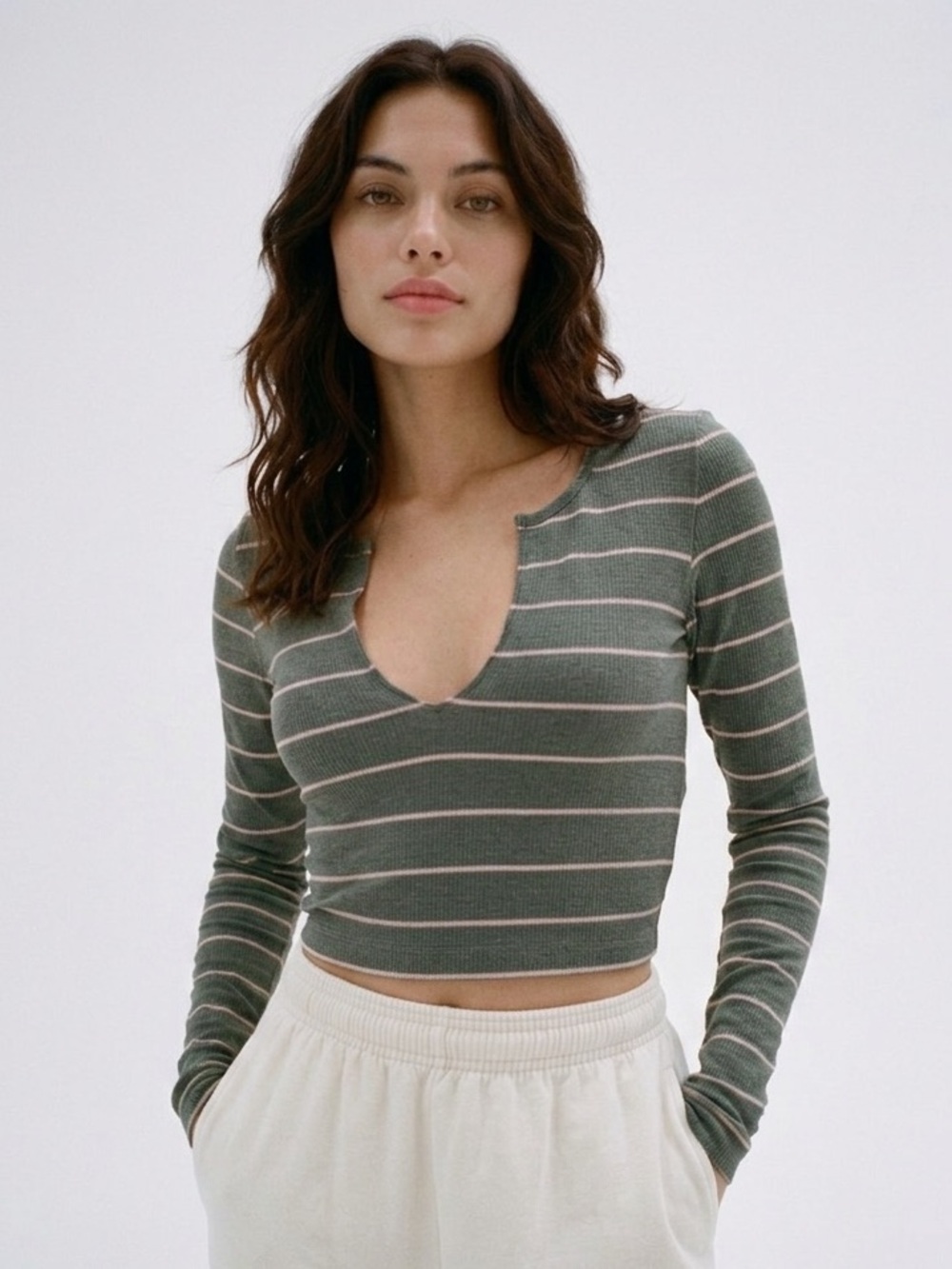 Urban Outfitters BDG Nala Notch Neck Striped Ribbed Long Sleeve Top Large